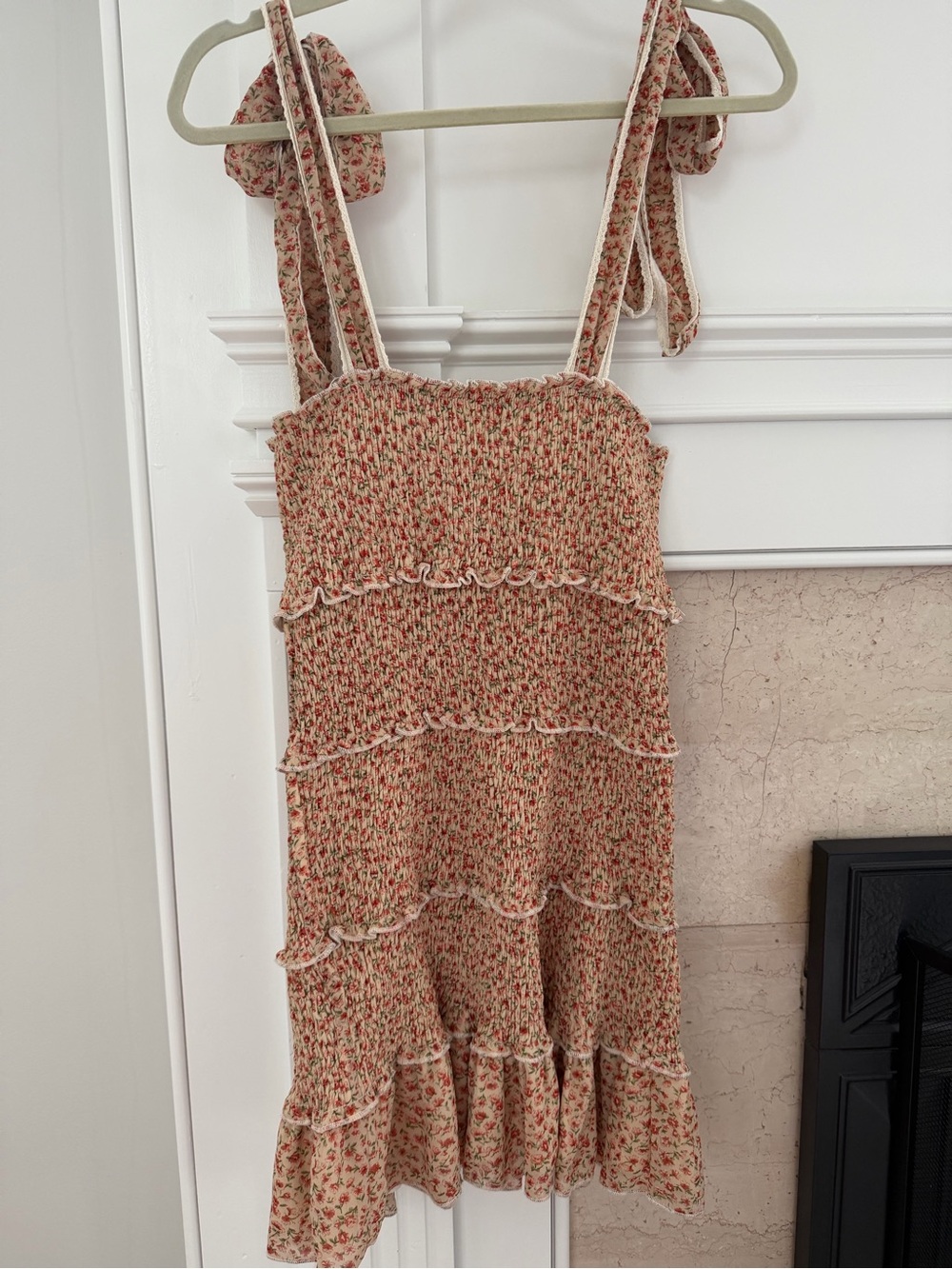 Floral Tie-Shoulder Smocked Coquette Feminine Sundress in Neutral Fall Tones